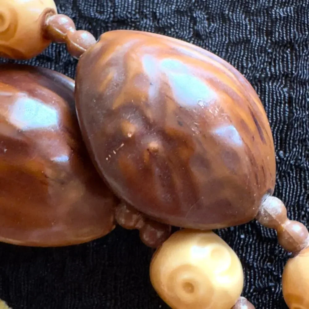 Vintage Faux Carved Bone Plastic Bead Necklace Brown Yellow Tribal Style 52”